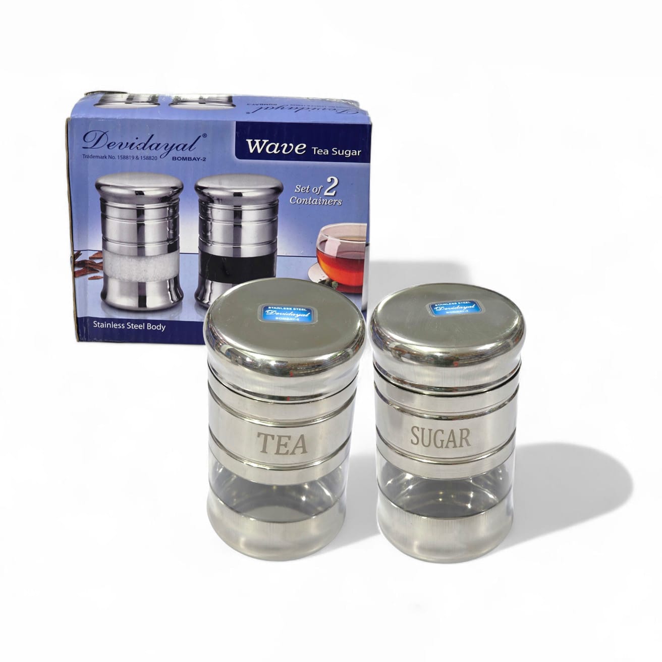 Devidayal "Waves" Designer Tea & Sugar Cannister Set (2 Pieces) – See-Through Acrylic Window Jars – Premium Stainless Steel Storage With Identification Prints (Since 1960) - image 2