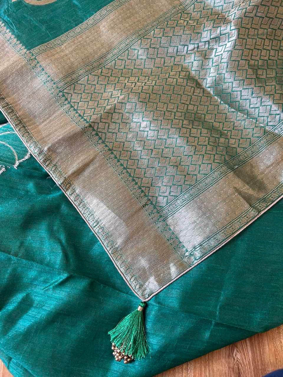 Forest Green Golden Embroidery Raw Soft Silk Saree | Attached Blouse | Saree For Women - image 3