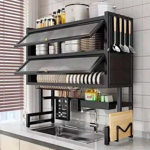 Double door dish rack -3 tier over the sink dish drying rack with flip cover doors multifunctional countertop organizer adjustable metal kitchen rack with drainage cupboard storage (Double door dish rack) - image 4