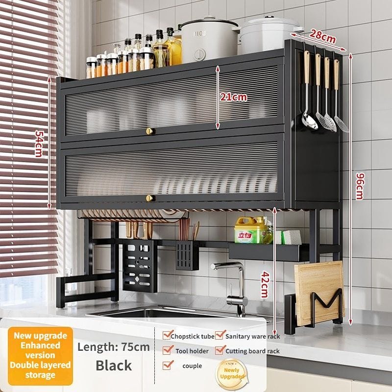 Double door dish rack -3 tier over the sink dish drying rack with flip cover doors multifunctional countertop organizer adjustable metal kitchen rack with drainage cupboard storage (Double door dish rack) - image 3