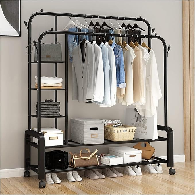 Coat Rack And Clothes Hanger Stand With Side Hooks And Bottom Shelves - image 1