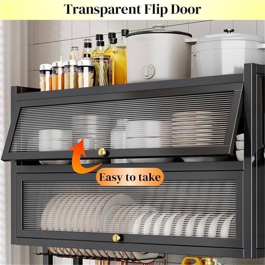 Double door dish rack -3 tier over the sink dish drying rack with flip cover doors multifunctional countertop organizer adjustable metal kitchen rack with drainage cupboard storage (Double door dish rack) - image 1
