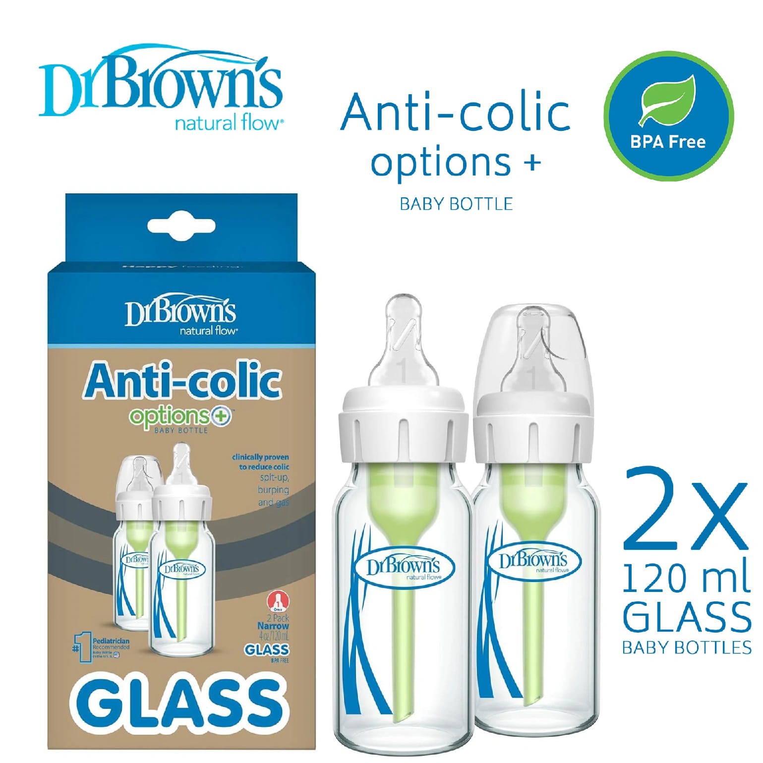 Dr. Brown'S Natural Flow Anti-Colic Options + Baby Bottle Of Glass | 4 Oz / 120ml | Narow Neck | SB42003 - image 1
