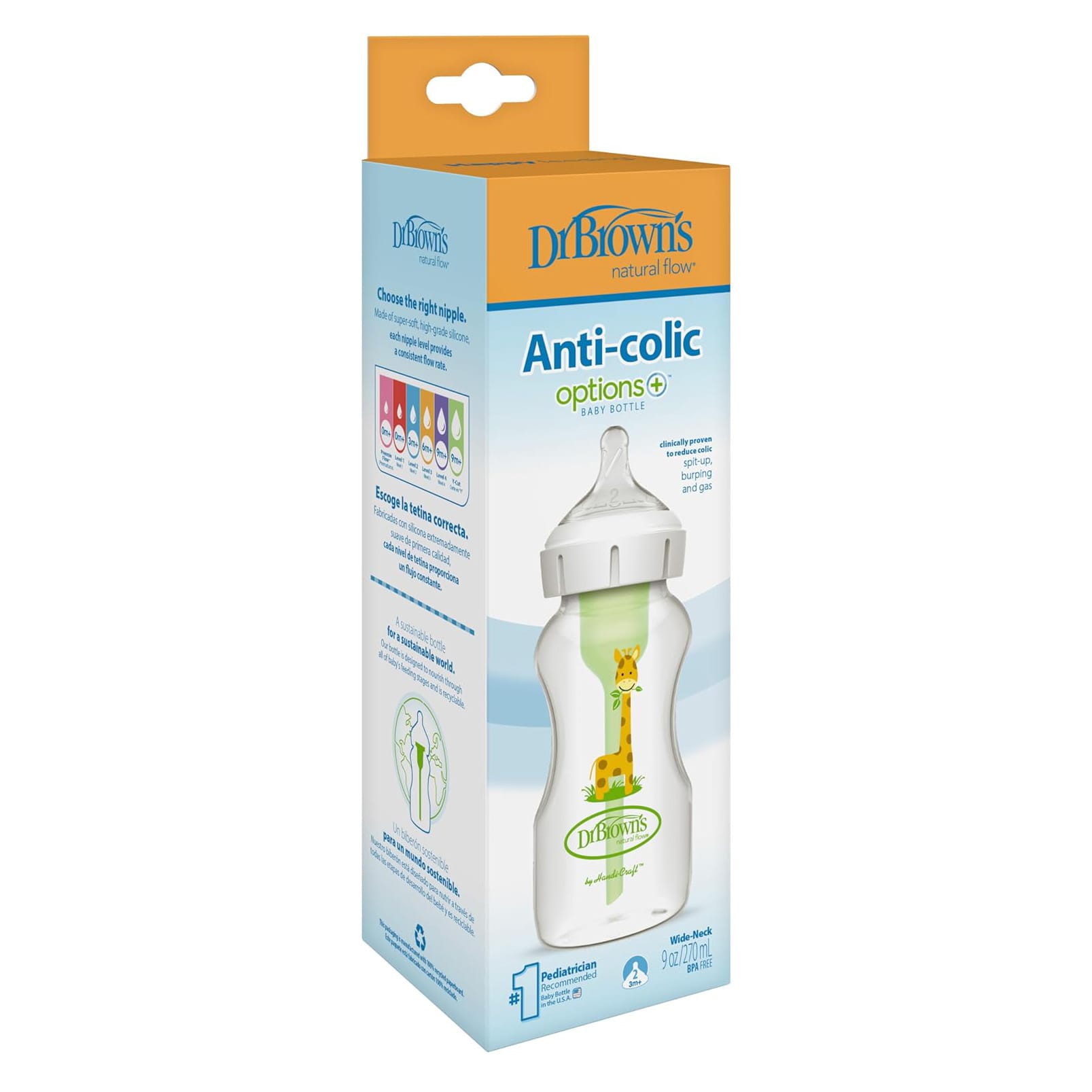 Dr Brown's Anti Colic Options+ Bottle Level 2, Wide Neck Baby Bottle of 270ml Giraffe | WB91019-ESX - image 2