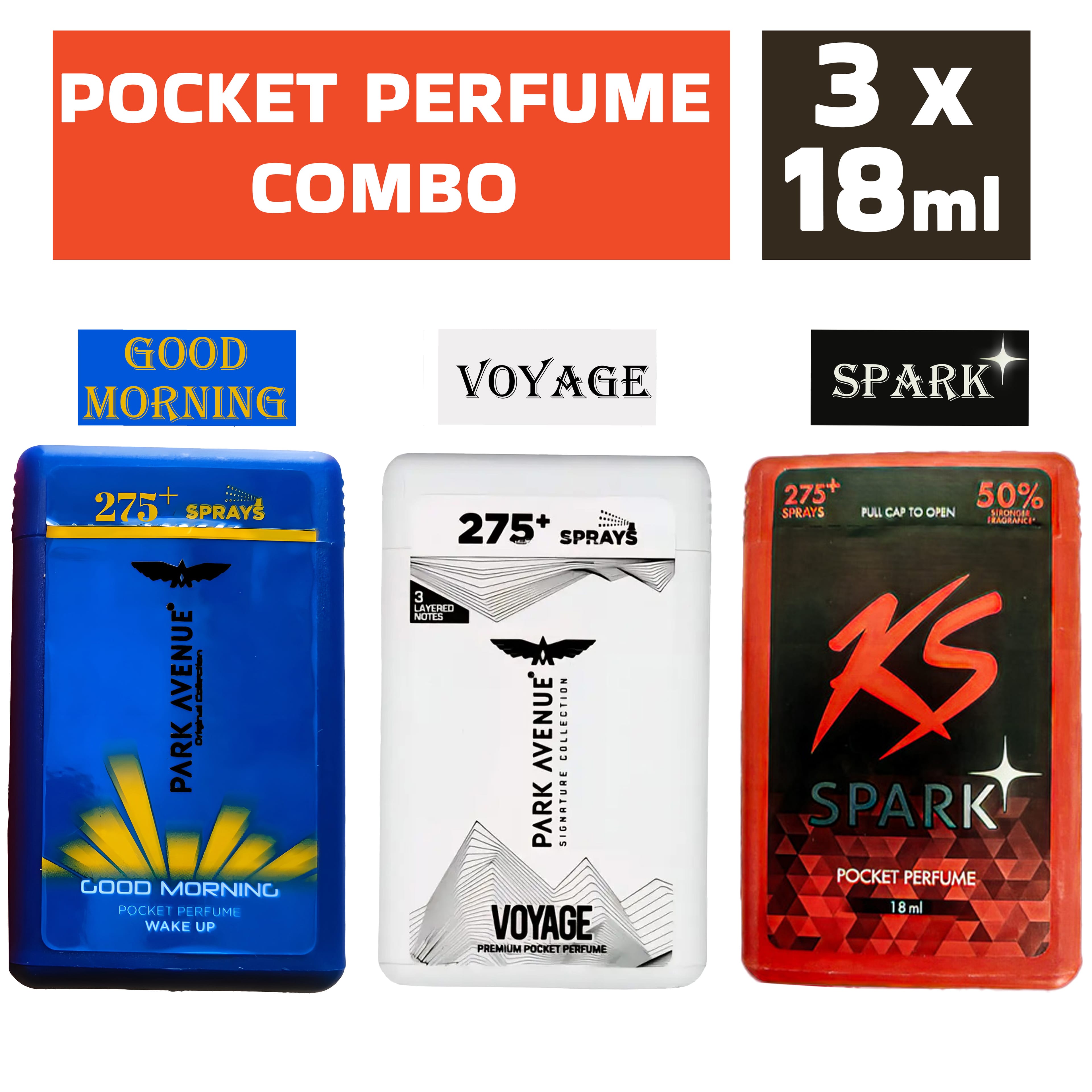 Pocket Perfume Combo (18ml Per Pack) Good morning, Voyage And KS Spark (Set Of 12) 275+ Sprays - image 1