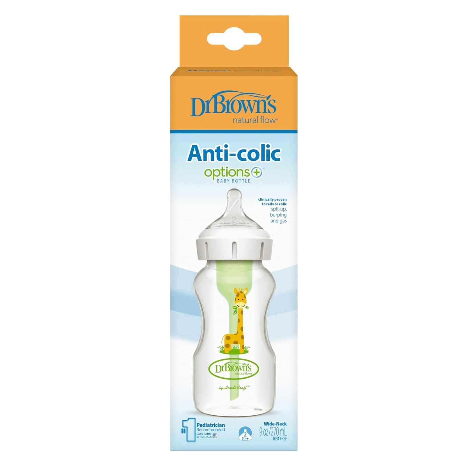 Dr Brown's Anti Colic Options+ Bottle Level 2, Wide Neck Baby Bottle of 270ml Giraffe | WB91019-ESX - image 4