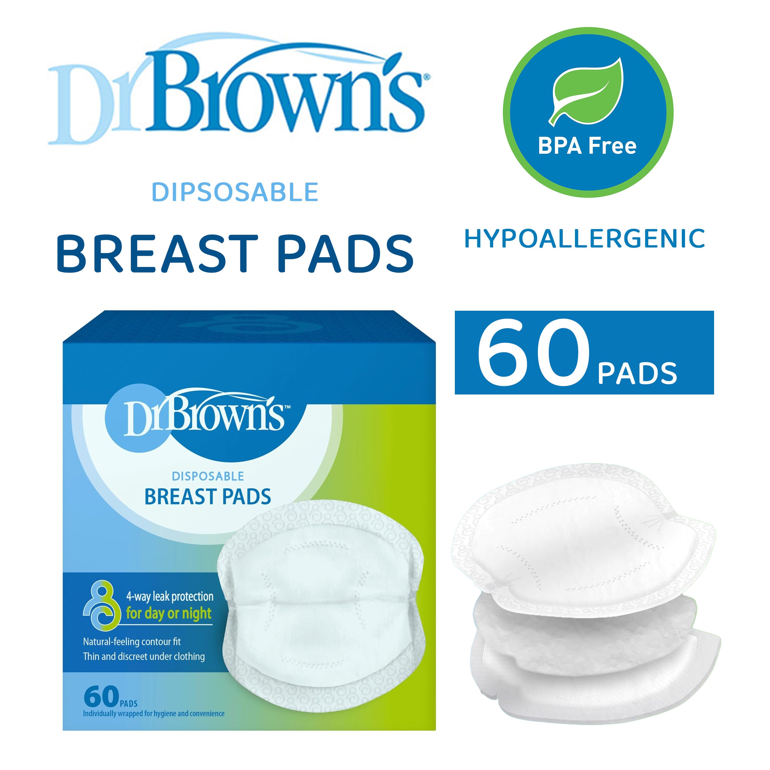 Dr. Brown's Disposeable Breast Pads - 60 Pads | 4-way Leak Protection For Day Or Night, BPA FREE | Hypoallergenic - BF053 - image 1