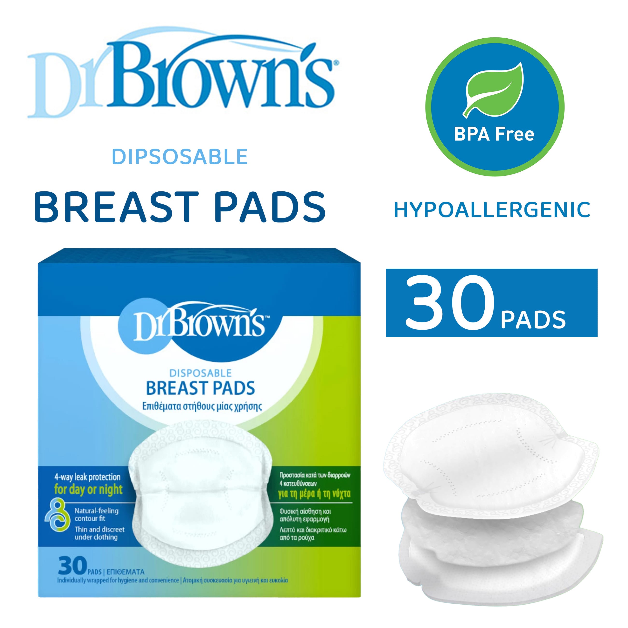 Dr. Brown's Disposeable Breast Pads - 30 Pads | 4-way Leak Protection For Day Or Night, BPA FREE | Hypoallergenic - BF052-INTL - image 1