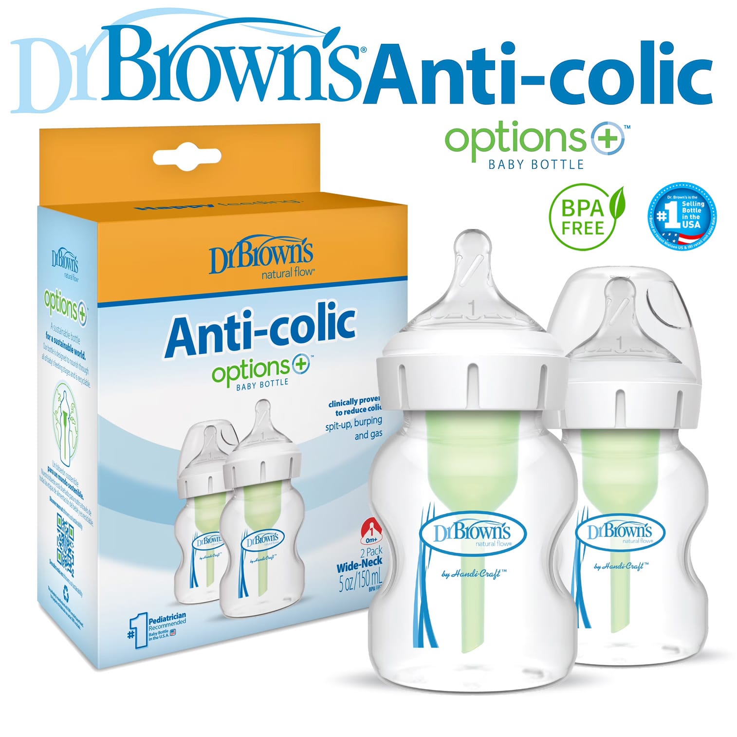 Dr. Brown's 5 oz/150 ml Options+ Wide-Neck Bottle | 2 Bottles Per Pack | WB52600-ESX - image 1