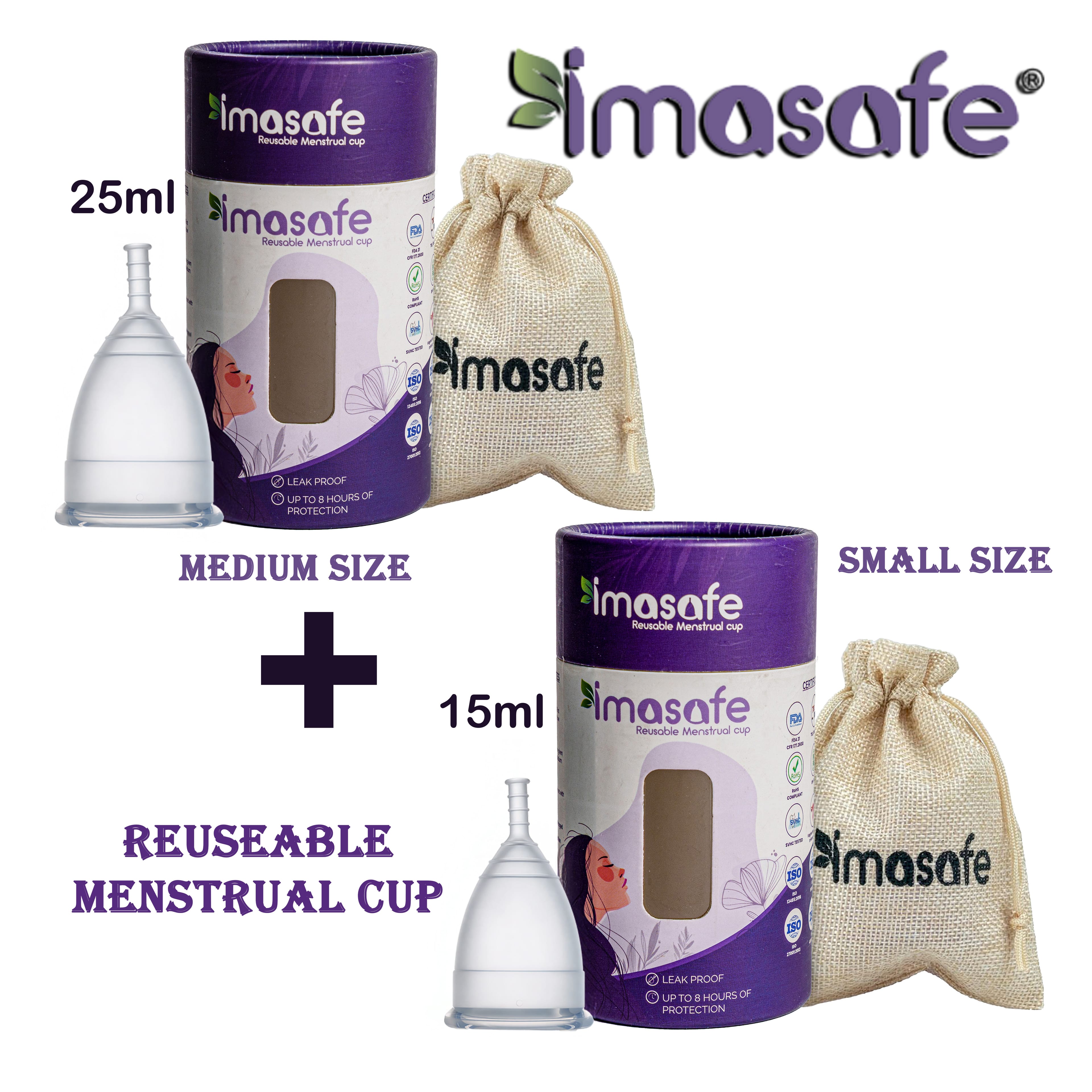 Imasafe Reuseable Menstrual Cup (Medium Size) 25ml + 15ml Combo + (Small Size) - image 1