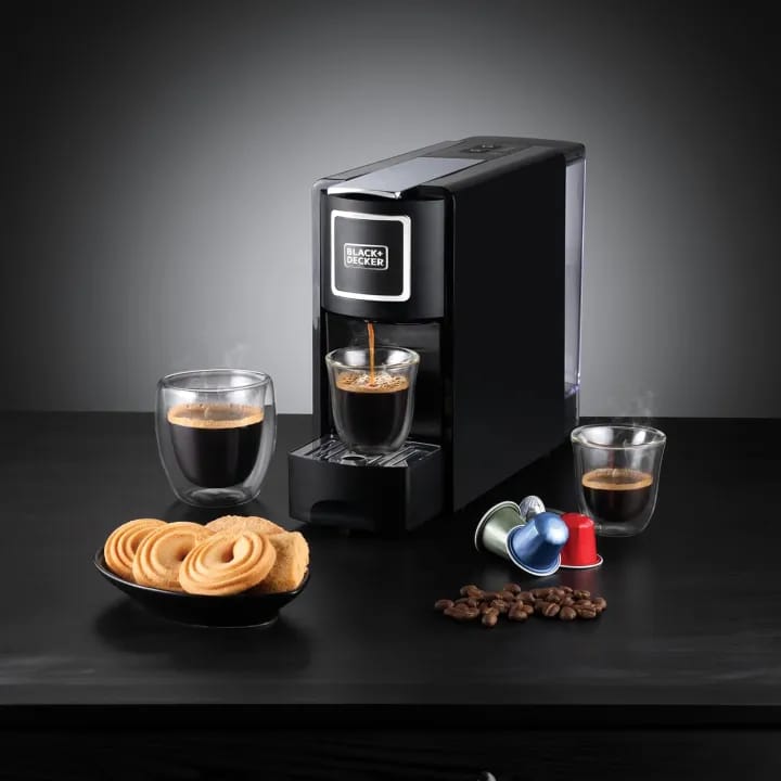 BLACK+DECKER Capsule Coffee Machine, 1140W, Compatible with Espresso Coffee Capsules, Espresso and Lungo Option, Compact Design, One-Touch Control, Fast Brewing, Removable Drip Tray, Black- CCM100-B5 - image 1