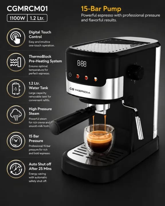 CGMERIDIA Espresso Machine, 1 Liter, 2 Cups, 1100W, Black - CGMRCM01 - image 2