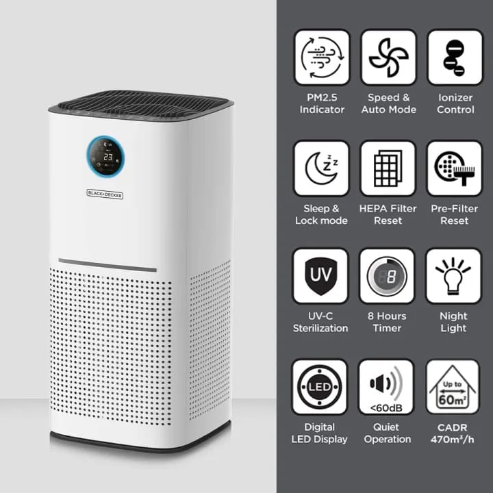 BLACK+DECKER Air Purifier AP3560-B5 for Large Room upto 60m2 HEPA 13 air filter PM2.5 Real Time Air Quality Sensor CADR 470m3/h - image 2