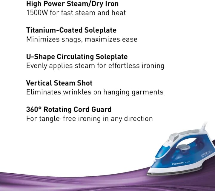 Panasonic NI-M300T Steam Iron Titanium Coated Soleplate Garment Care - 1500 Watt Blue - image 2