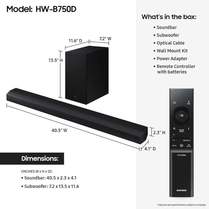 SAMSUNG HW-B750D/XL 5.1 ch Soundbar w/Dolby Audio, Surround Sound Expansion, Bass Boost, Adaptive Sound, DTS Virtual:X, Wireless Subwoofer - image 4