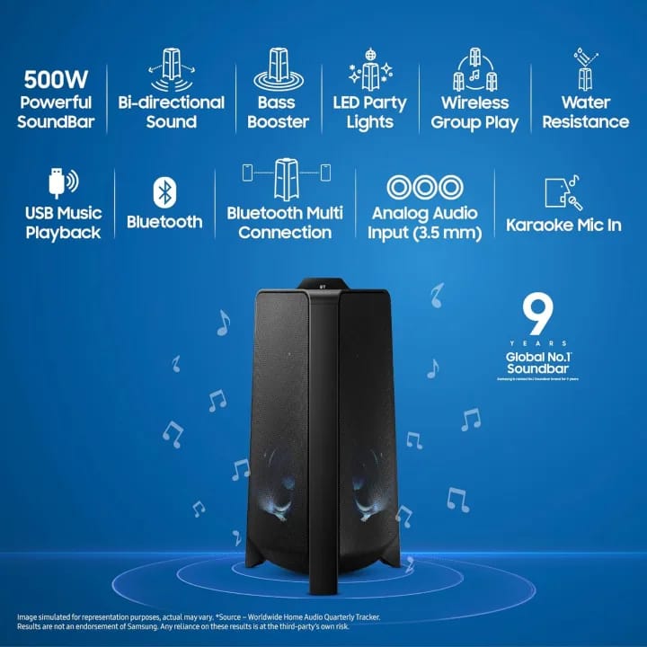 Samsung 500 W {MX-T50/XL} Sound Tower High Power Audio, Floor Standing Speaker, Bi-Directional Sound, Water Resistant, Party Lights, Bluetooth Multi-Connection, USB Music Playback (Black) - image 5