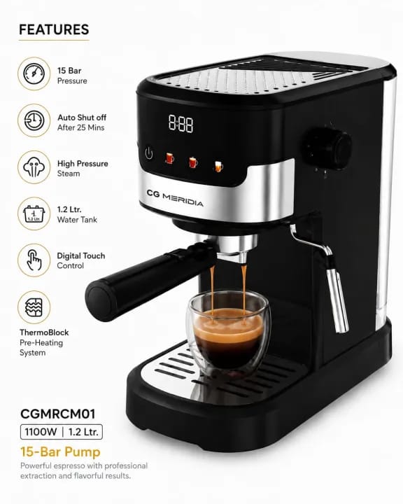 CGMERIDIA Espresso Machine, 1 Liter, 2 Cups, 1100W, Black - CGMRCM01 - image 5