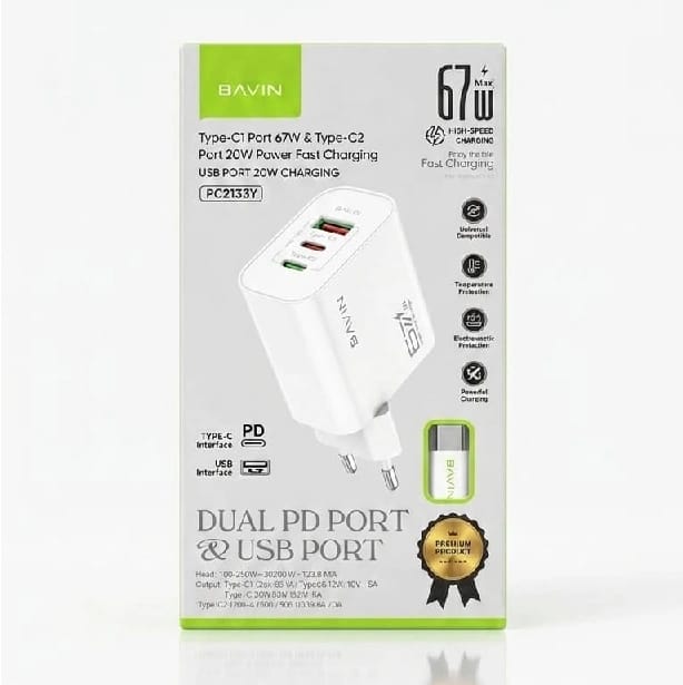 Bavin Type-C1 Port 67w 7& Type-C2 Port 20w Power Fast Charging USB Port 20w Charging PC2133Y