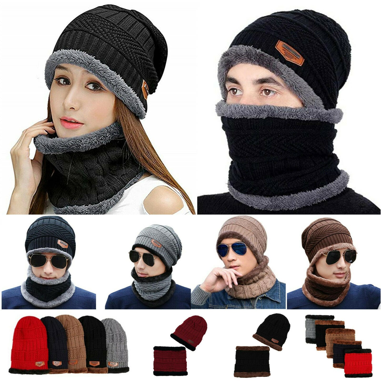 Winter Beanie Hat Scarf Set Warm Knit Hat Thick Fleece Lined Skull Cap for Boy And Girl