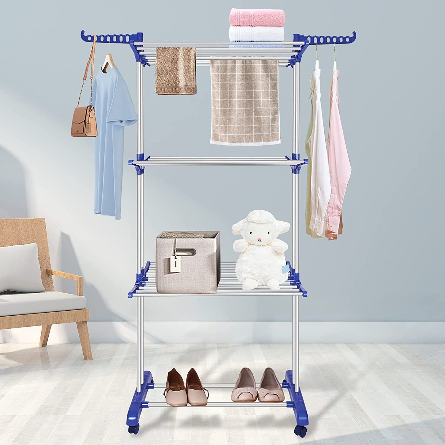 Clothes Drying Rack, 3-Tier Collapsible Rolling Dryer Clothes Hanger Adjustable Large Stainless Steel Garment Laundry Racks with Foldable Wings Indoor Outdoor - image 2