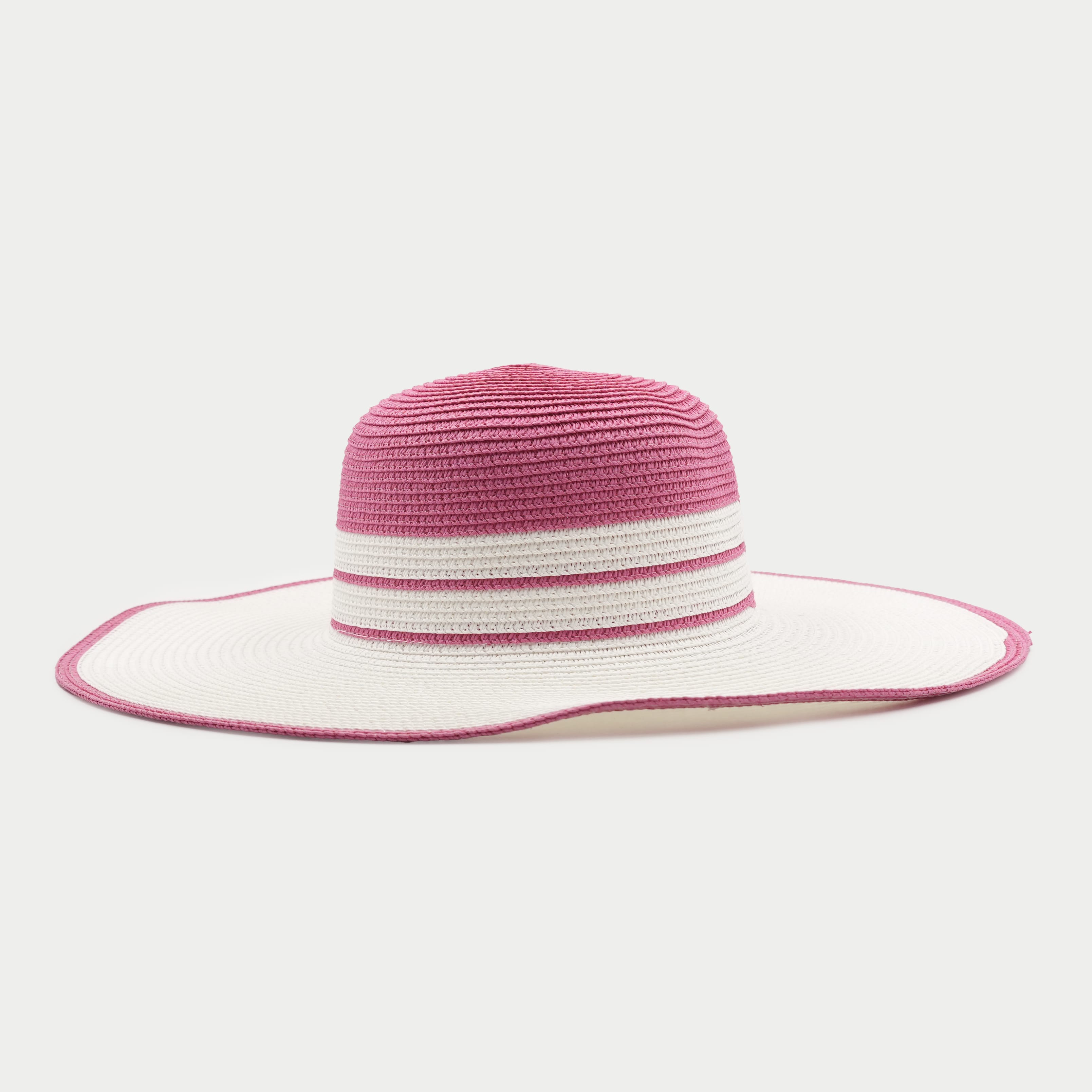 Womens Wide Brim Straw Sun Hat With Two-Tone Pink And White Stripes - image 1
