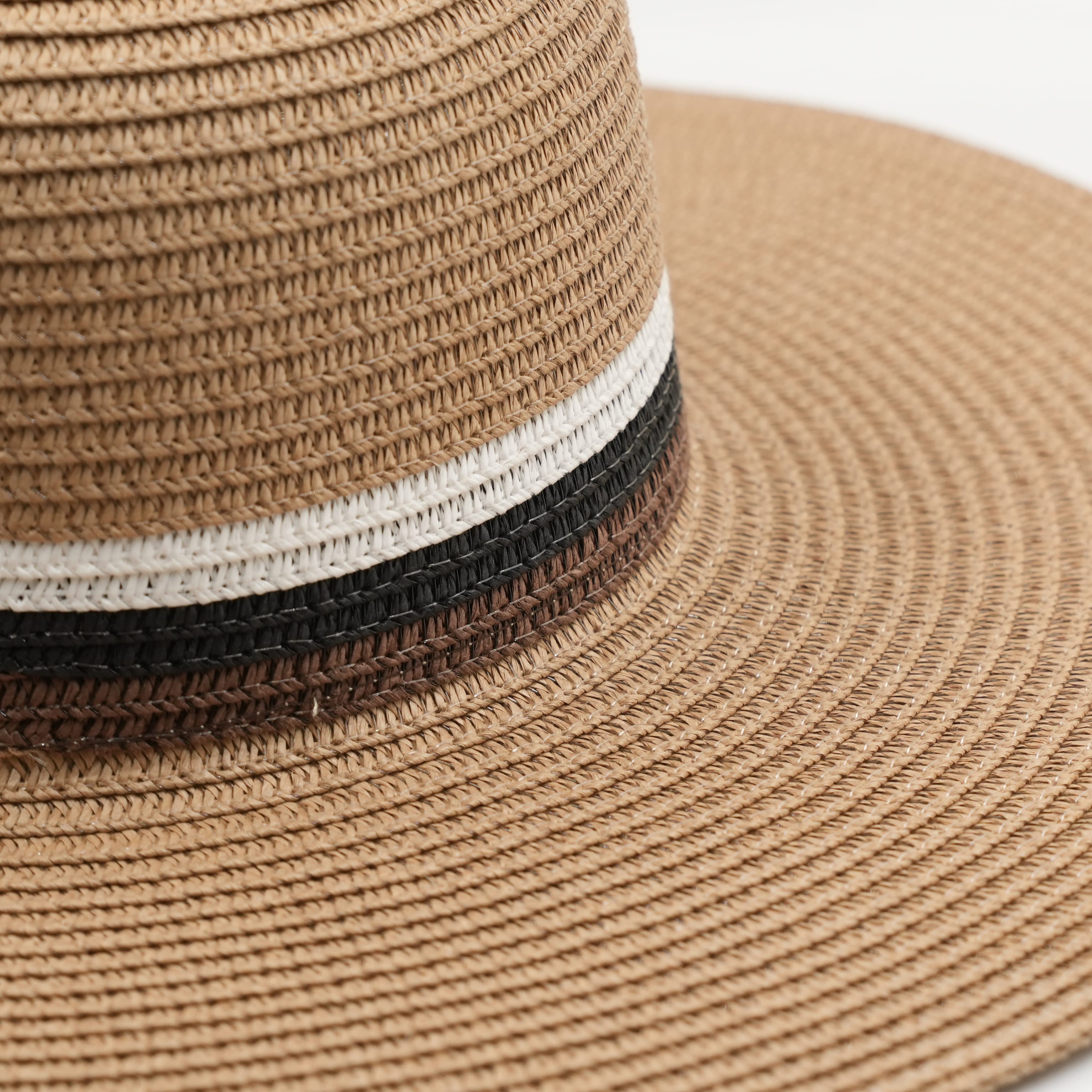 Womens Wide Brim Straw Sun Hat With Earth-Tone Striped Accents - image 1