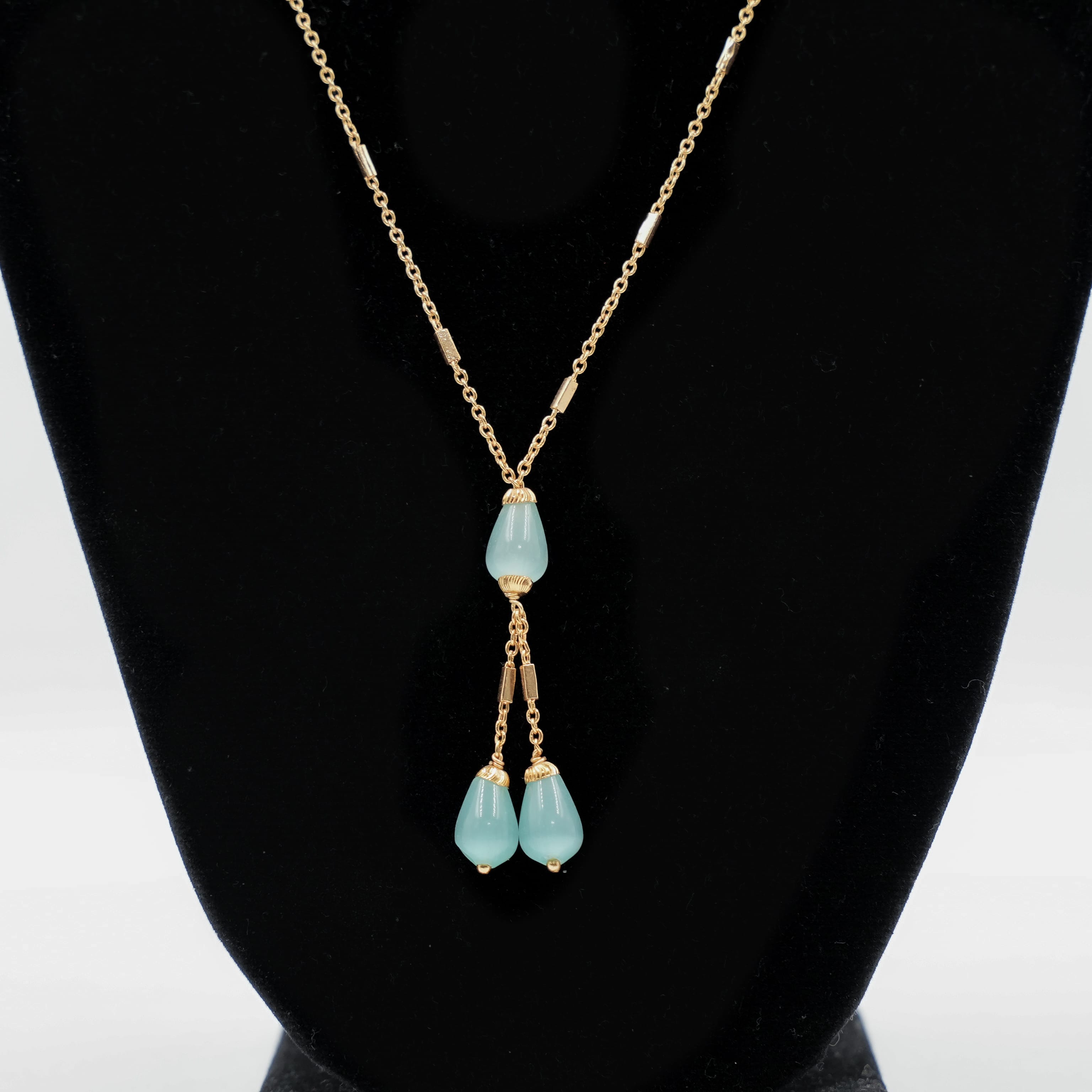 Gold-Toned Y-Necklace With Mint Green Cat'S Eye Teardrop Beads- Made In Nepal - image 1
