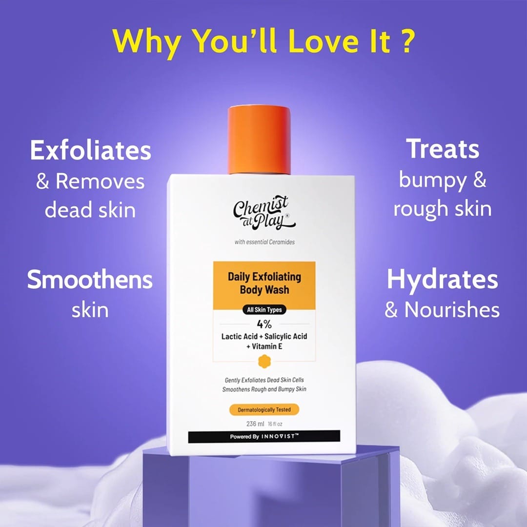 Chemist. At Play Exfoliating Body Wash 236ml | Removes Tan, Fights Body Acne, Strawberry Skin | 4% (Salicylic Acid, Vitamin E & Lactic Acid) | Gentle Exfoliating Shower Gel For Women & Men - image 3