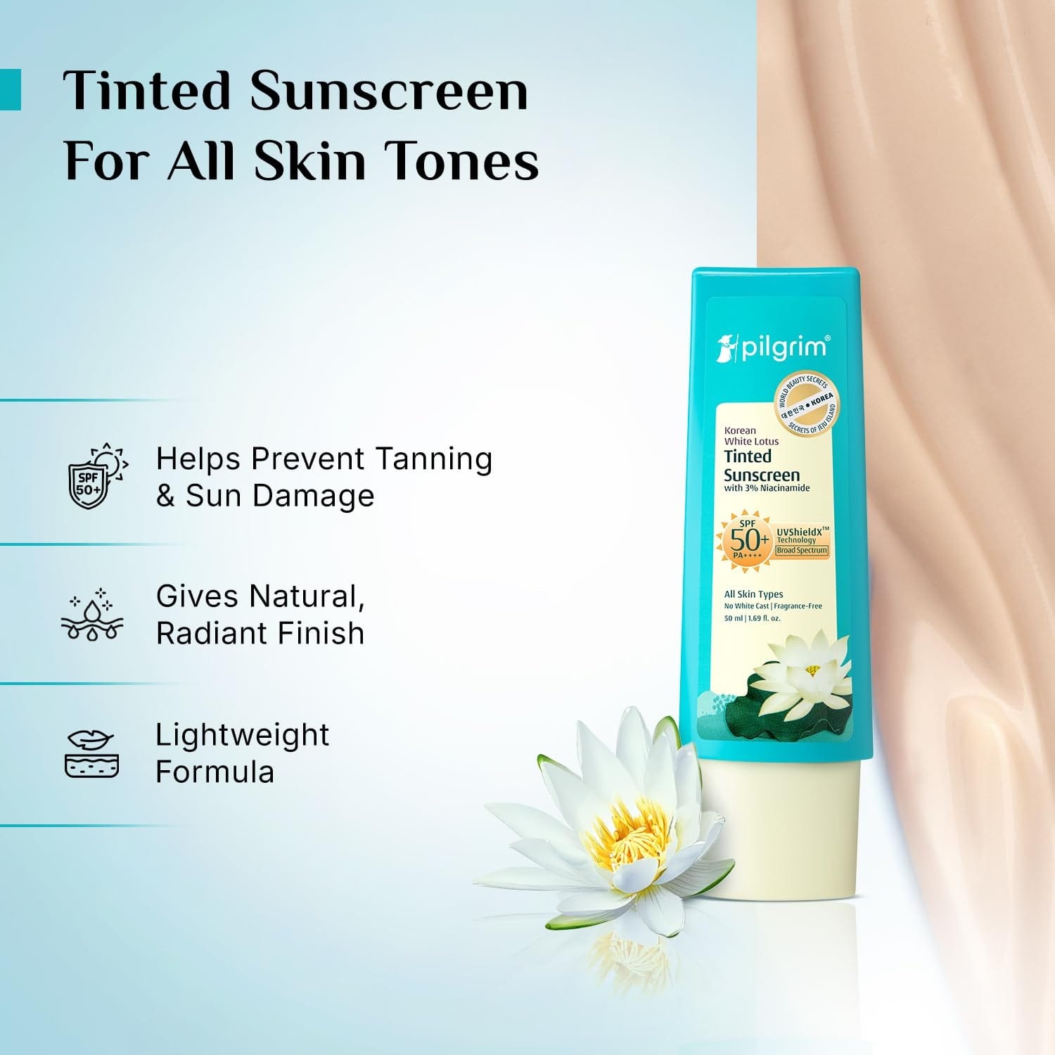 Pilgrim Korean White Lotus Tinted Sunscreen SPF 50+ PA++++ 50 ml - image 4