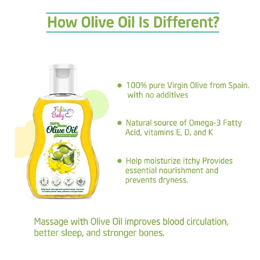 Fabie Baby Imported Olive Oil For Baby Massage, Premium 100% For Stronge Bones With Omega 3, Vitamin E, D And K, Extra Virgin Oil, Suitable For All Skin Types (200ml) - image 5