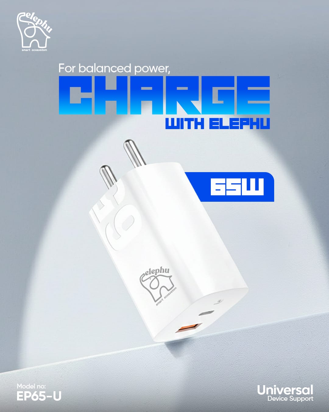 Elephu Ep 65U | Super Fast Charger Dual Port | 65 Watt Super Charger | Type C USB Type C To C Cable Included Rapid Charging Adapter Multi Device Support |1 Year Repalcement Warranty - image 3
