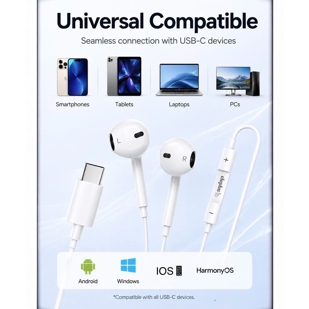 Elephu TuneZ 1010 Earphones | Type C | 3 Button Controller With MIC | Hi-Res Audio| Deep Bass| Stereo Sound | 10 MM Driver | 3 Months Warranty - image 2