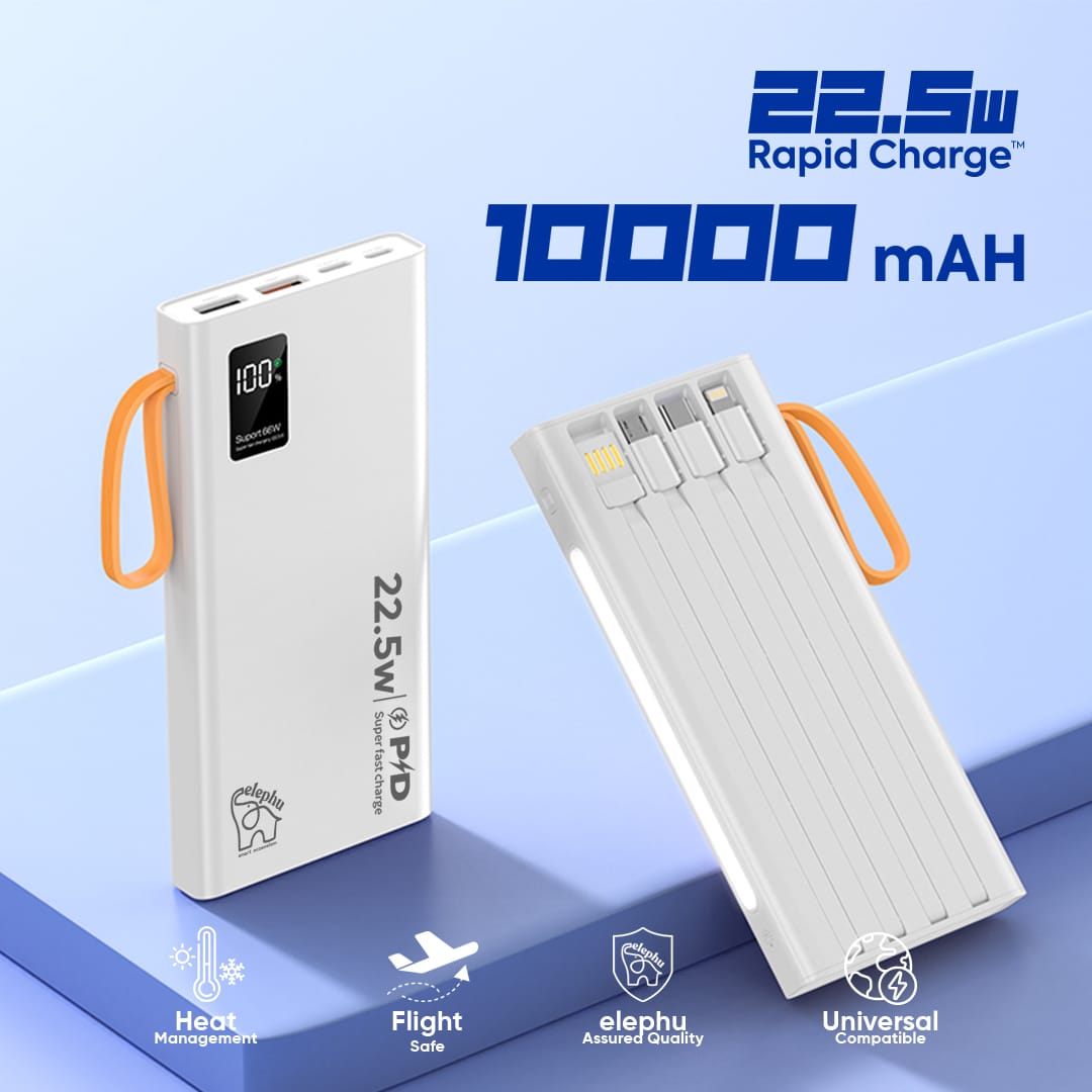 Elephu Powerbank G2X | 10000 MAH | 22.5 Waat | Rapid Charge | Built-In Cables | Led Light | Digital Battery Display |Slim Design| Carry Strap| 1 Year Warranty | - image 5