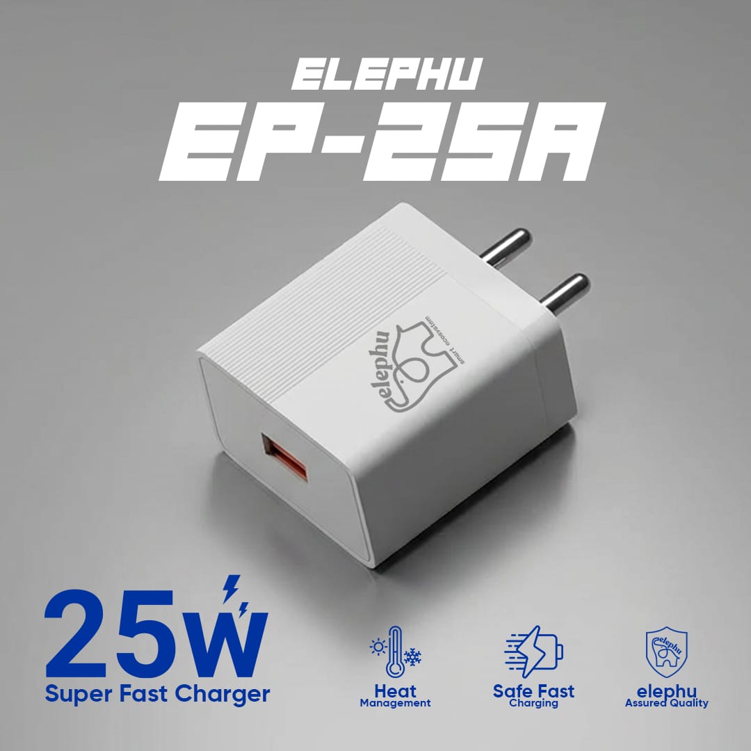 Elephu Ep-25A Charging Adapter | 25 Watt Fast Charging | USB To Type C Data Cable Included | Universal Compatibility | Maximum Protocol Support | VOOC | | WARP | DASH | 1 Year Warranty | - image 5