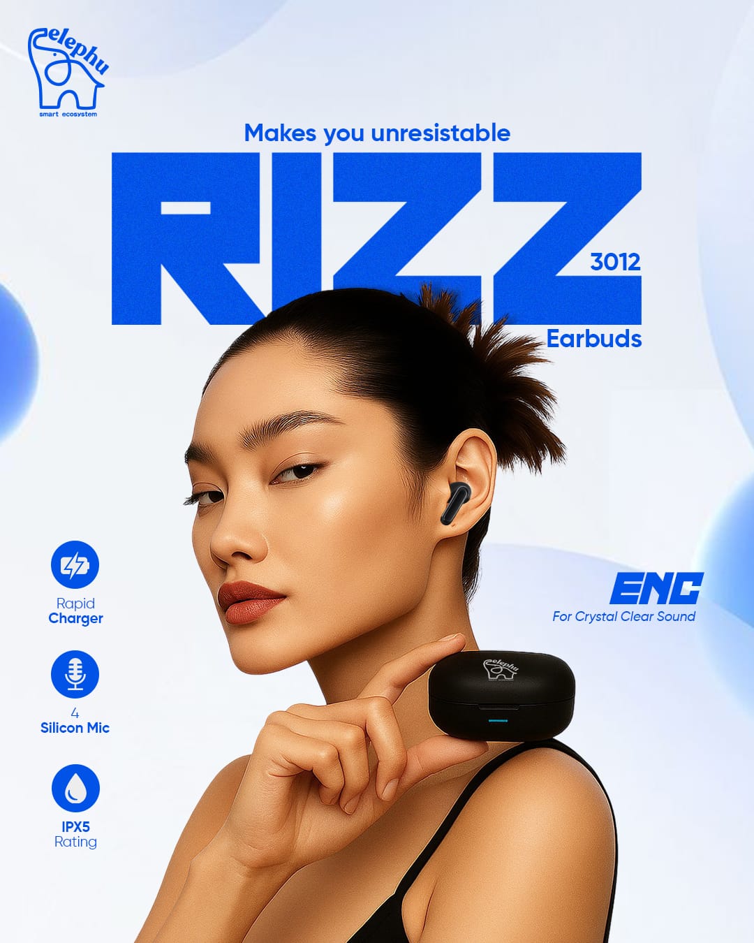 Elephu Rizz 3012 Earbuds | 50 Hours Playback | Rapid Charging | Environmental Noise Cancellation| 4 Mics| Dual Pairing| Game Mode| Rapid Charge | 1 Year Warranty | Stereo Audio | IPX4 Sweat And Splash Resistant - image 3