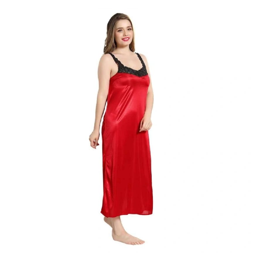 Women'S Satin Maxi Nighty With Robe For Nightwear Free Size Red Color - image 2