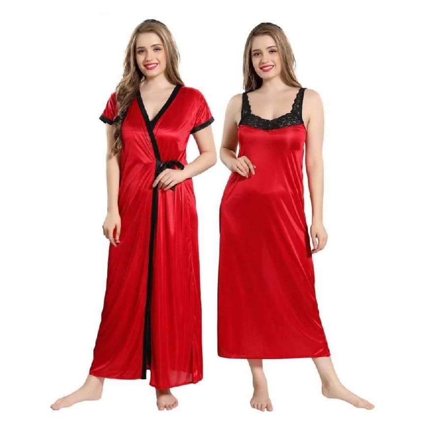 Women'S Satin Maxi Nighty With Robe For Nightwear Free Size Red Color - image 3