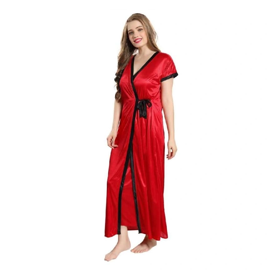 Women'S Satin Maxi Nighty With Robe For Nightwear Free Size Red Color - image 1