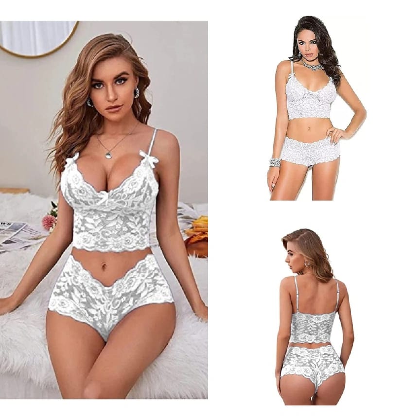 Women Lace Lingerie Bra Panty Set Free Size White Color