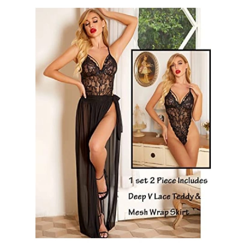 Womenl High Split Maxi Long Gown V Neck Mesh Sleepwear Babydoll Free Size Black Color - image 2