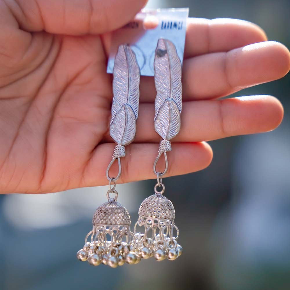 Traditional Peacock Feather & Krishna Flute Oxidised Silver Jhumka Earrings For Women & Girls - image 2