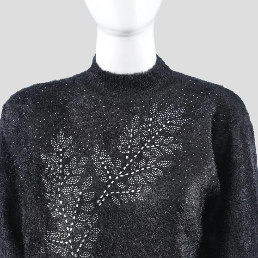 Women Vintage Black Knit Pullover Sweater With Silver Embroidered Leaf Design - image 2