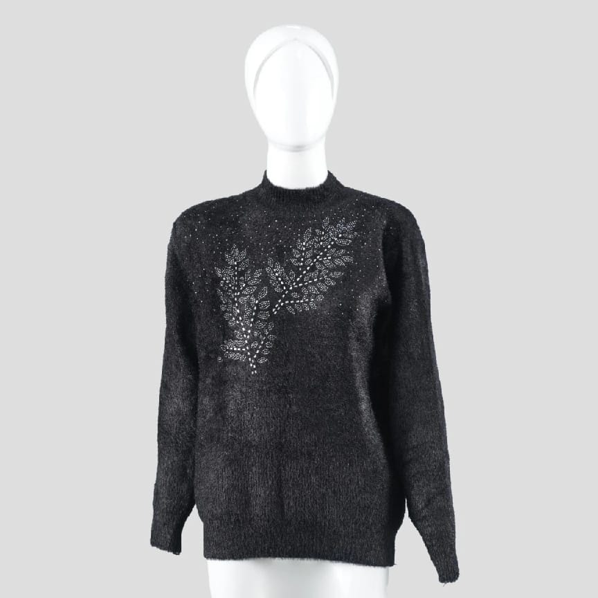 Women Vintage Black Knit Pullover Sweater With Silver Embroidered Leaf Design - image 1