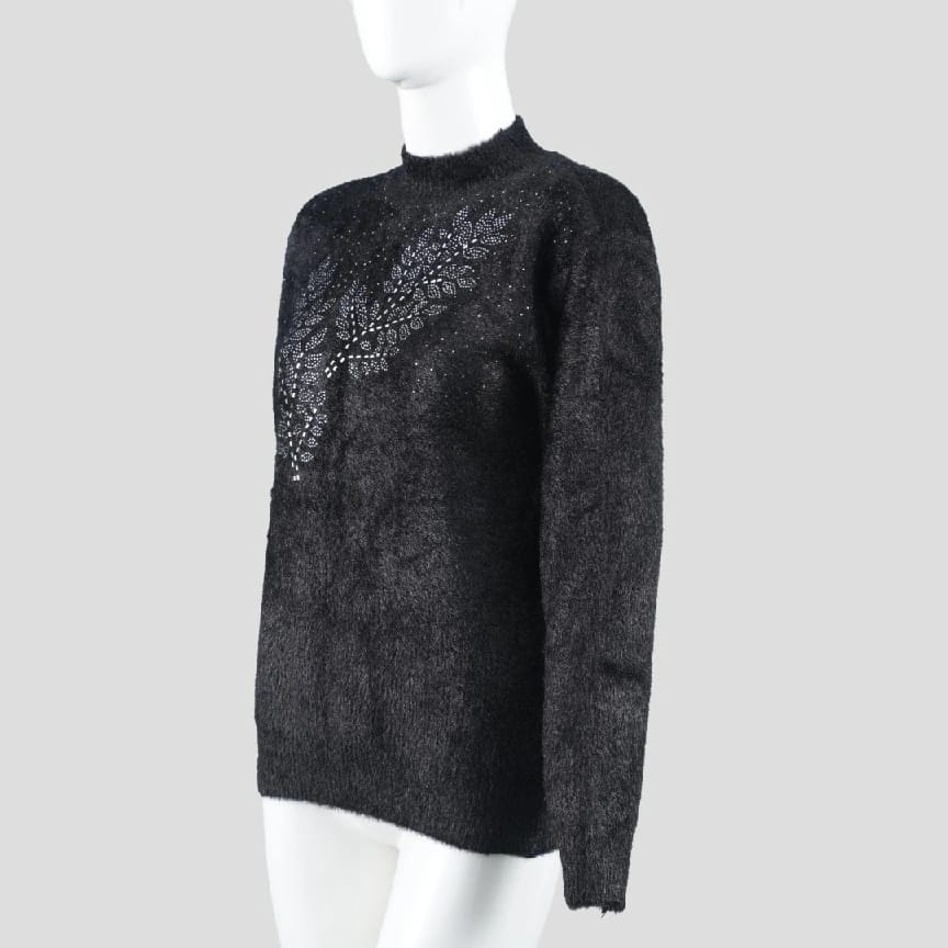 Women Vintage Black Knit Pullover Sweater With Silver Embroidered Leaf Design - image 3