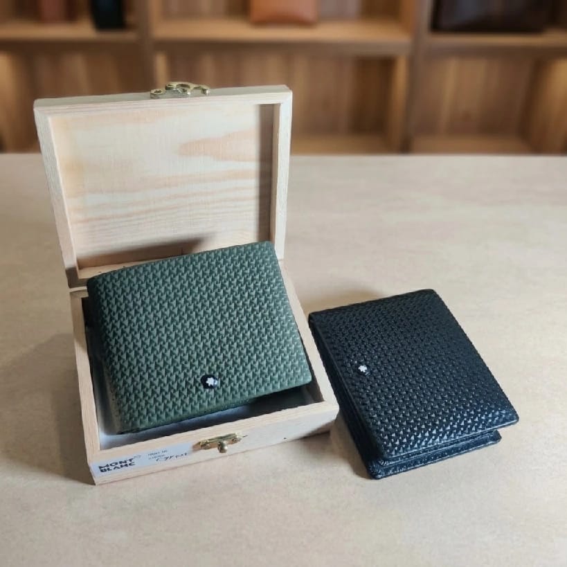 Montblanc Geometric Textured Leather Bi-Fold Wallet For Men With Wooden Gift Box - image 1