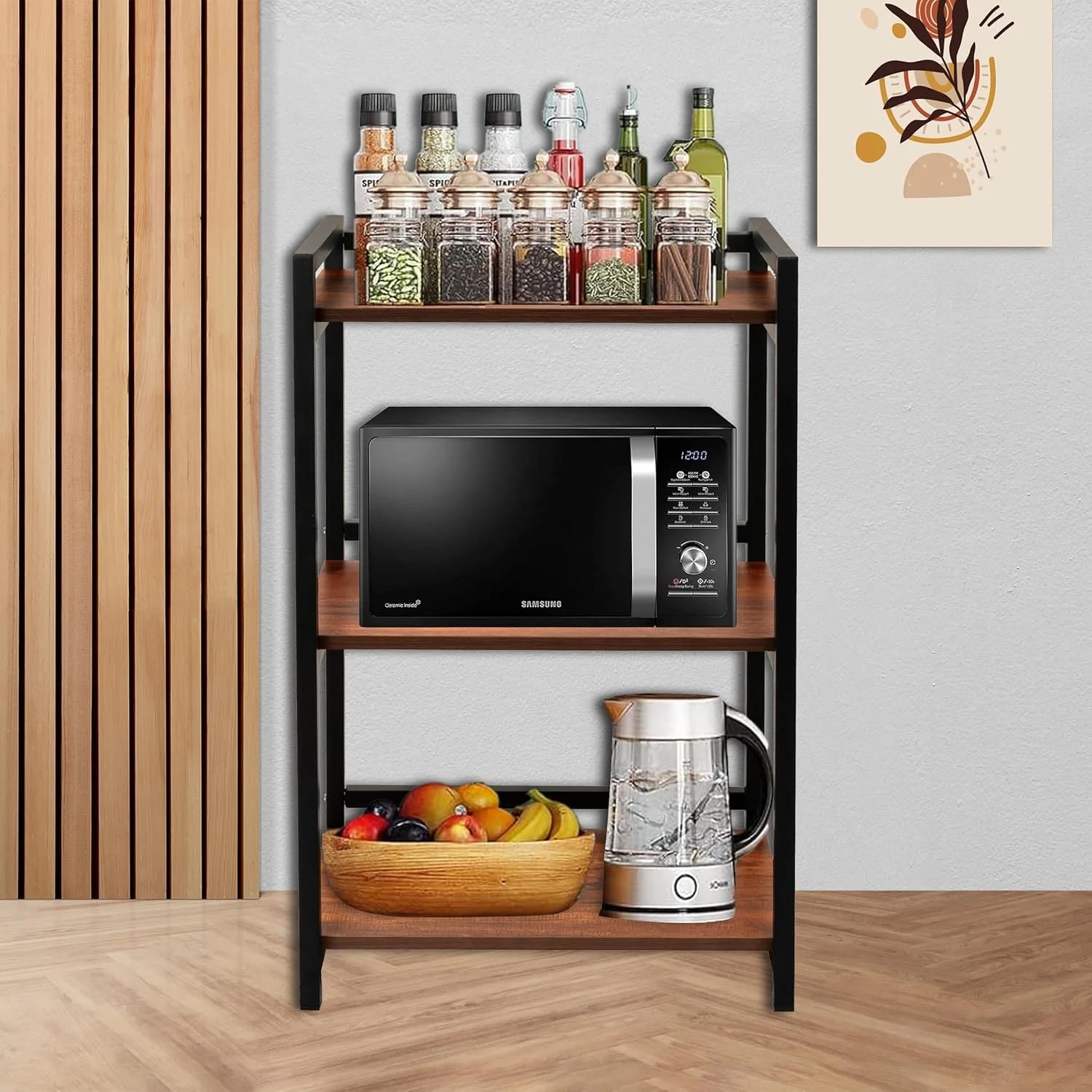 3 Layer Metal Kitchen Storage Rack Oven and Accessories Vegetable Storage Strong Metal Rack Kitchen Organizer Furniture in Black and Brown 35inch Height - image 1