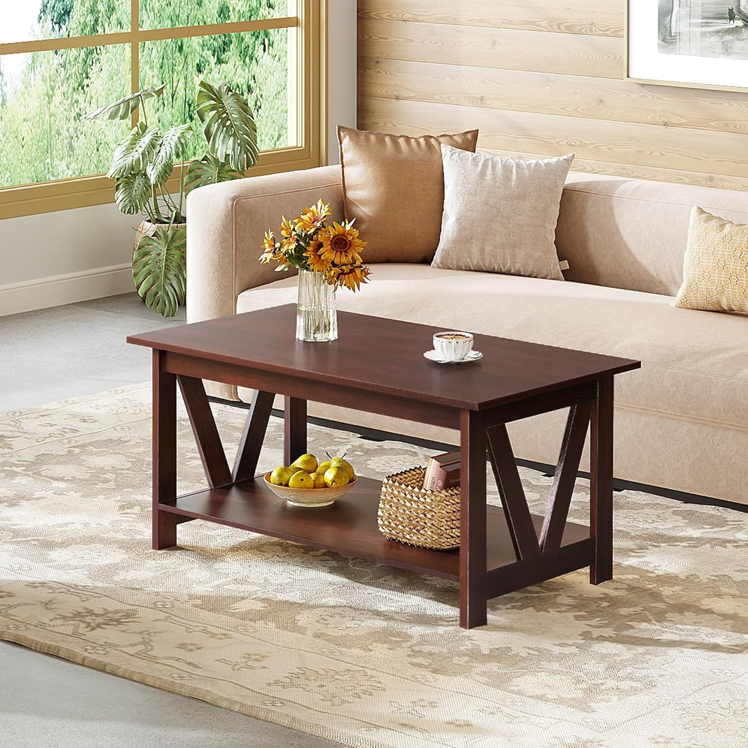 Veera Coffee Table for Living Room, 40" Center Table with V-Frame Support & Storage Shelf, 2-Tier Wood Coffee Tables for Bedroom & Balcony - image 4
