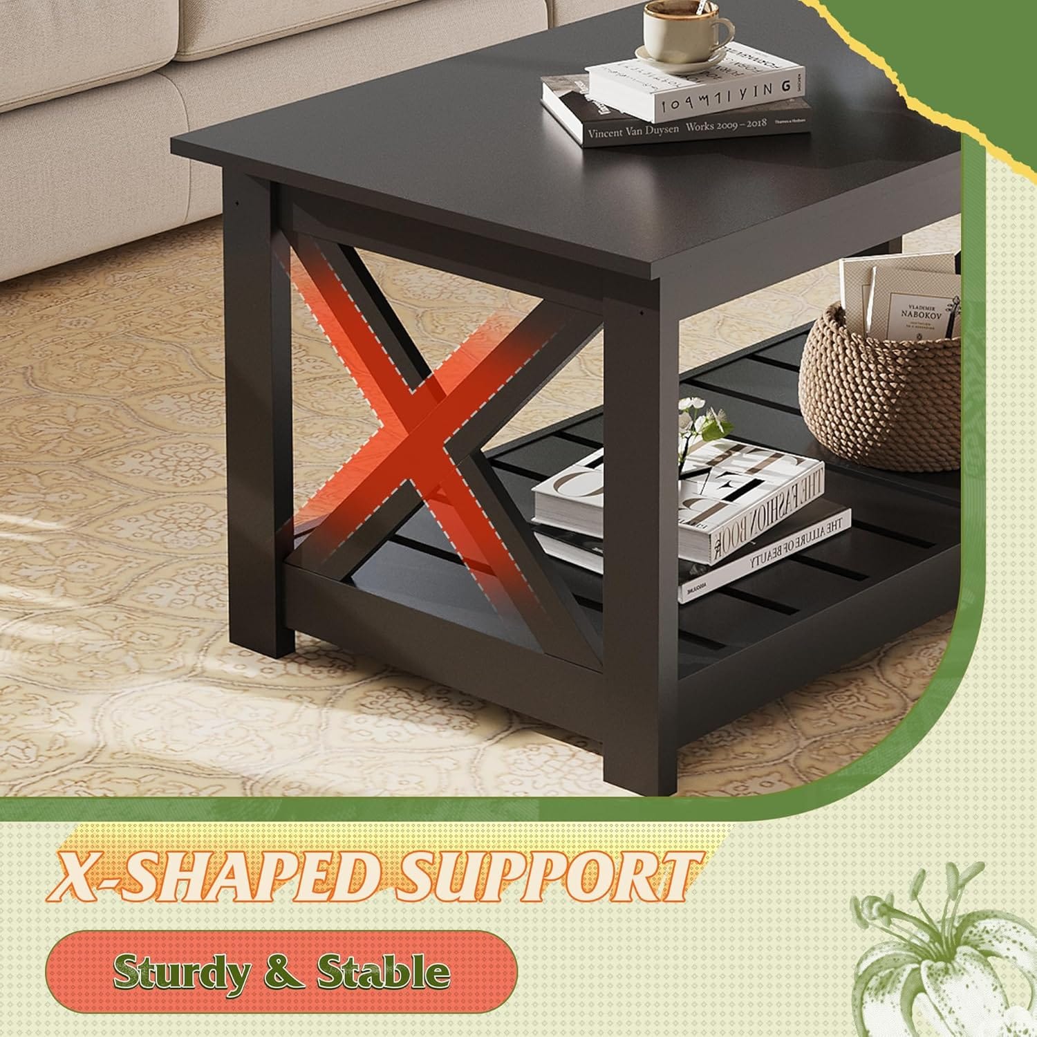 Black Cross Coffee Table for Living Room, 40" Center Table with X-Frame Support & Storage Shelf, 2-Tier Wood Coffee Tables for Bedroom - image 2