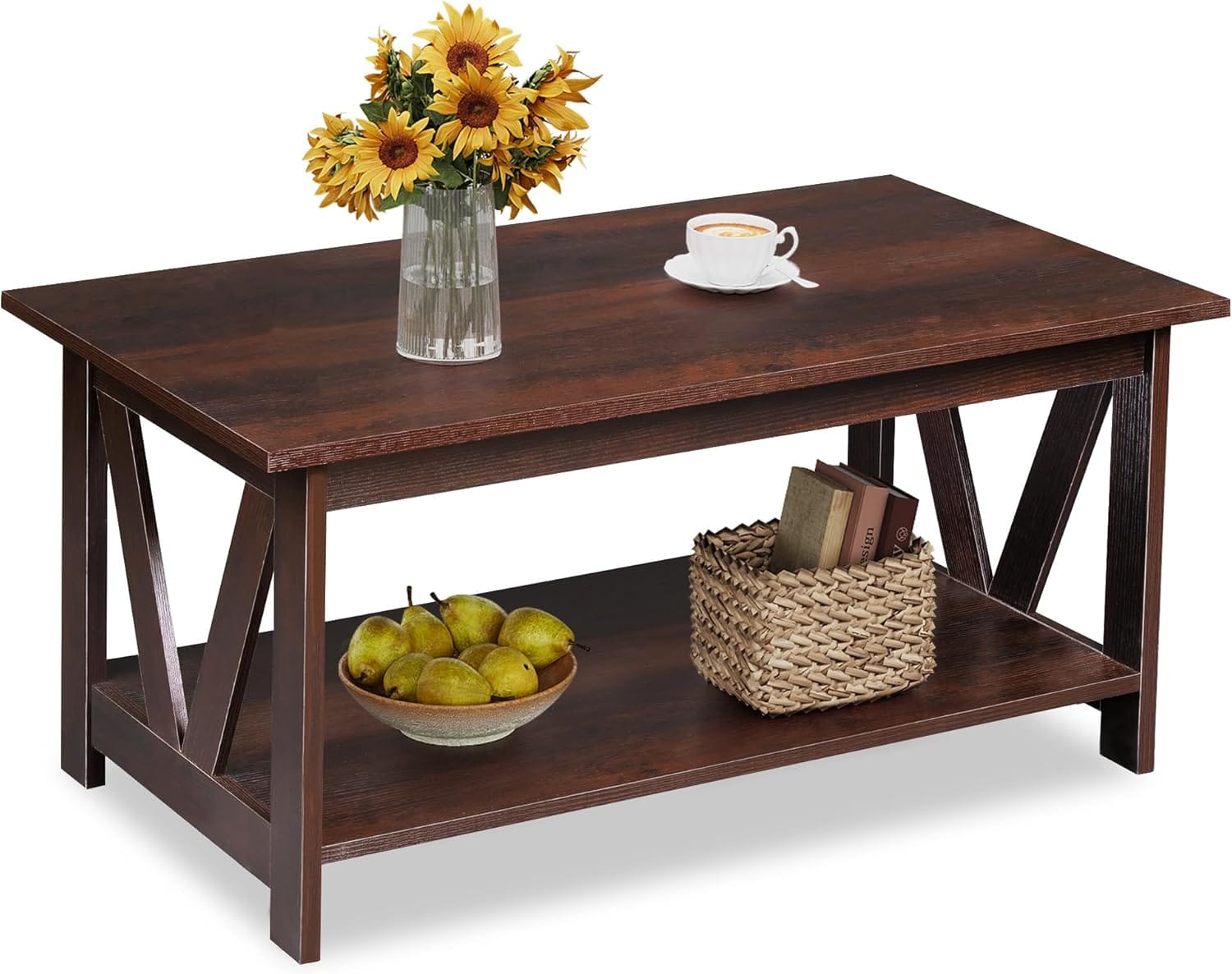 Veera Coffee Table for Living Room, 40" Center Table with V-Frame Support & Storage Shelf, 2-Tier Wood Coffee Tables for Bedroom & Balcony - image 1