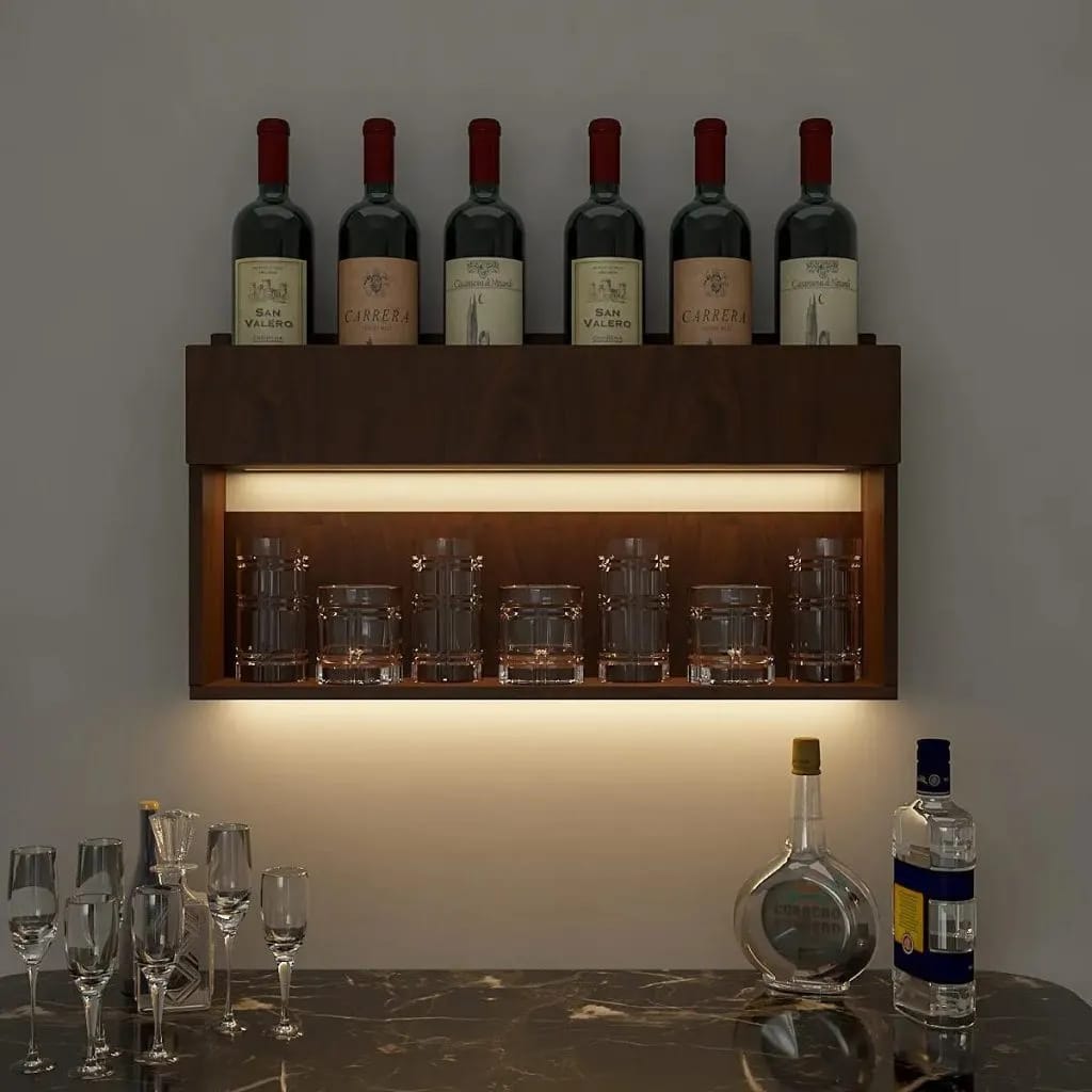 Wine And Drinks Decorative Wooden Wall Shelf Mini Bar Cabinet With LED Strong and Wall Hanging in Walnut Finish - image 2